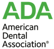 The image is a logo with the text  ADA  prominently displayed in white and green letters against a black background. Below  ADA,  there s additional text that reads  American Dental Association.