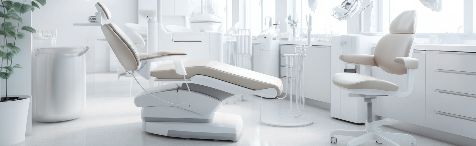 This image depicts a modern dental office interior, featuring a clean and sleek design with white walls, a large window allowing natural light, contemporary dental chairs, and various dental equipment.