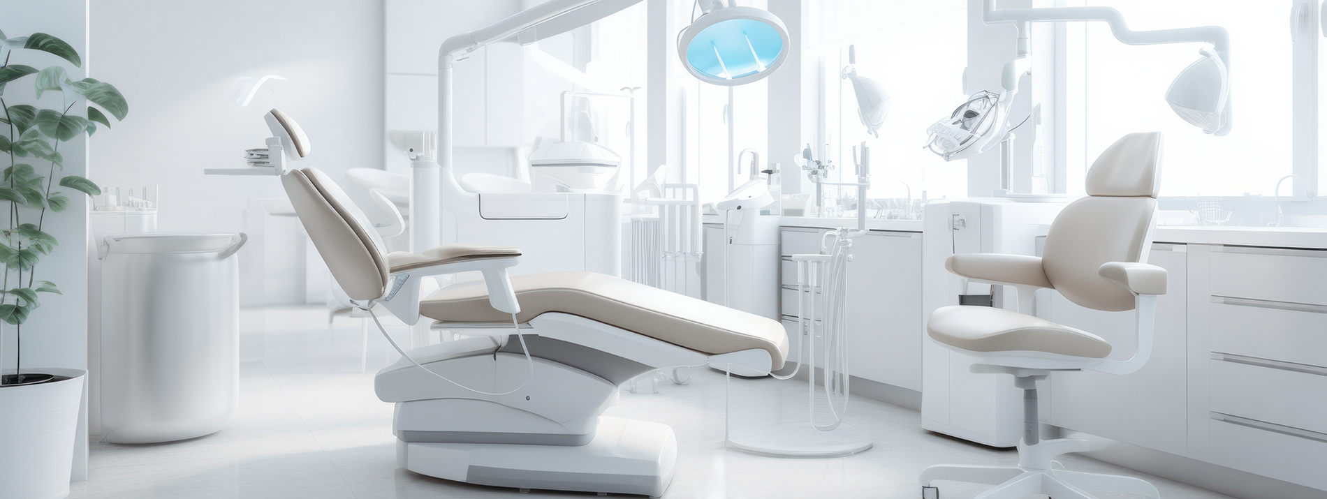 The image shows a modern dental office interior with a clean, white color scheme and various pieces of equipment such as a dental chair, light, and cabinet.