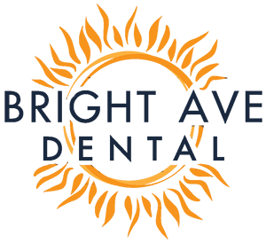 The image is a logo for Bright Avenue Dental, featuring a sunburst design with the text  Bright Avenue Dental  prominently displayed.