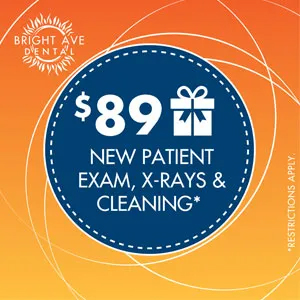 The image displays a promotional graphic with text and graphics. It features an overlay of text on a background that includes a circular pattern and a price tag with the number  89 prominently displayed, suggesting a discount or special offer. The text indicates a dental service advertisement for a new patient exam, X-rays, and cleaning services offered by Bright Avenue Dental, with an emphasis on affordability.