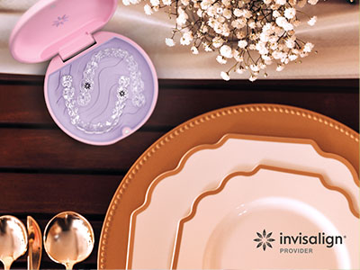 An advertisement showcasing a collection of tableware, including plates, bowls, and a toothbrush holder, with a focus on the brand  Invisalign .