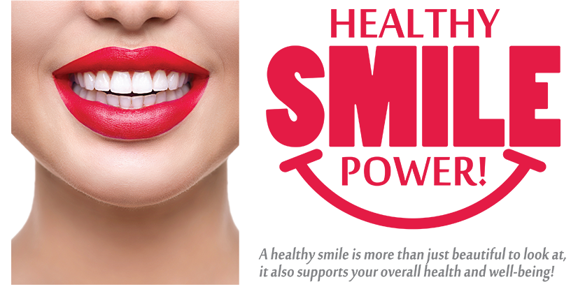 The image is a promotional banner for a dental service, featuring a smiling woman with red lipstick and the text  HEALTHY SMILE POWER  prominently displayed.