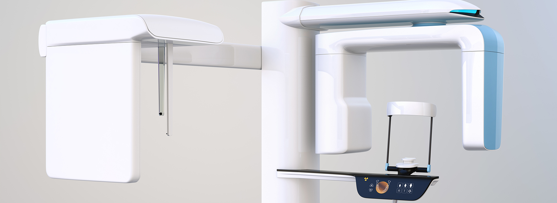 The image is a digital rendering or photograph of two dental chairs side by side, with one chair partially visible and the other fully visible, featuring a modern design with sleek surfaces and a high-tech appearance.