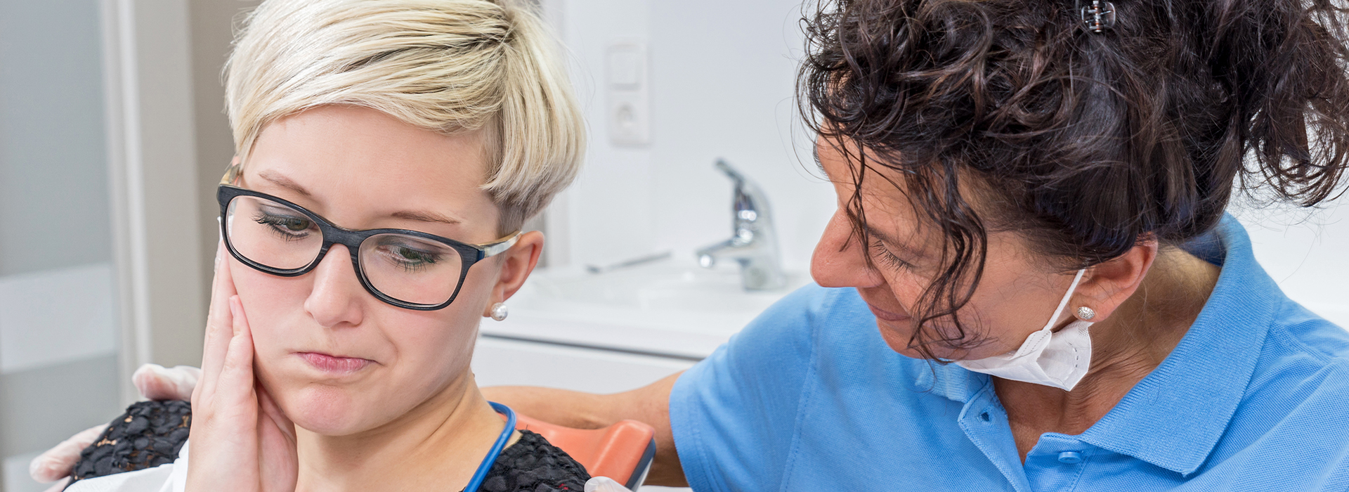 The image is a composite of two photos showing a woman receiving dental care from a professional, with one photo depicting the patient s face and the other showing the dentist s hands working on her teeth.