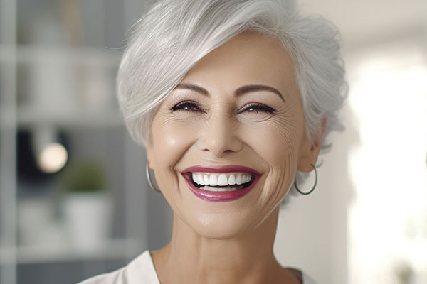 The image features a woman with short hair, wearing a white top and a smile on her face.